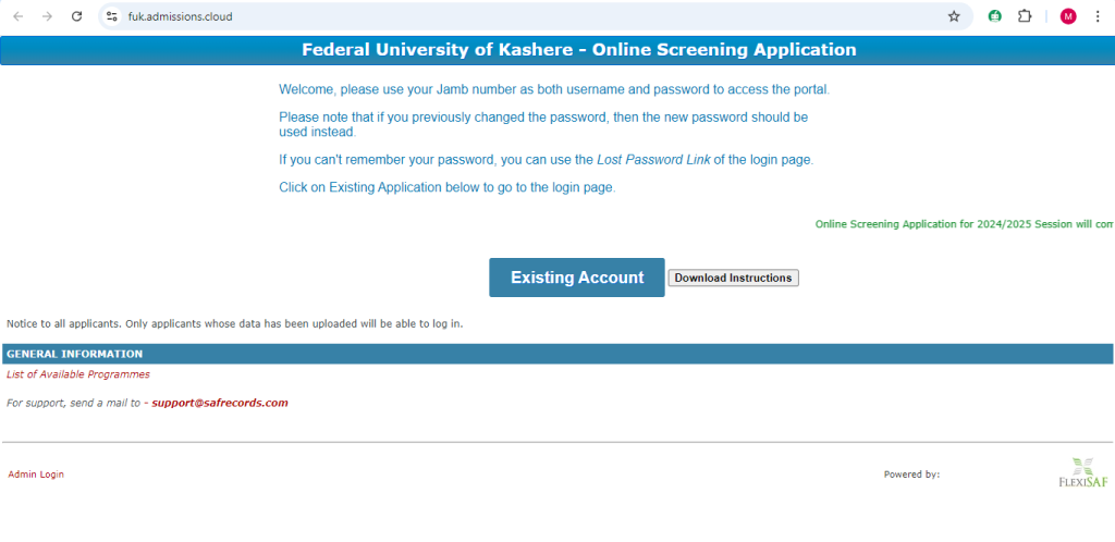 How to Apply for FUKASHERE POST UTME Form