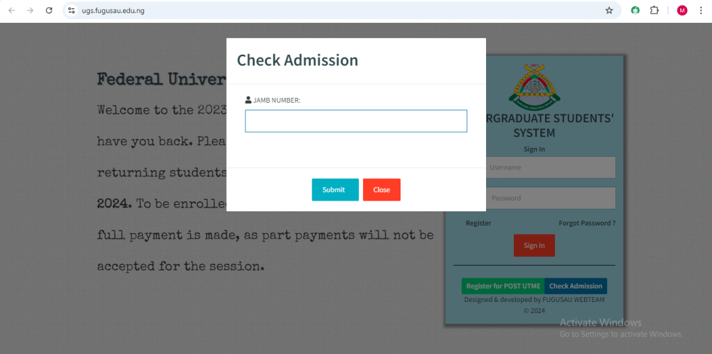 How To Check FUGUS Admission List On School Portal