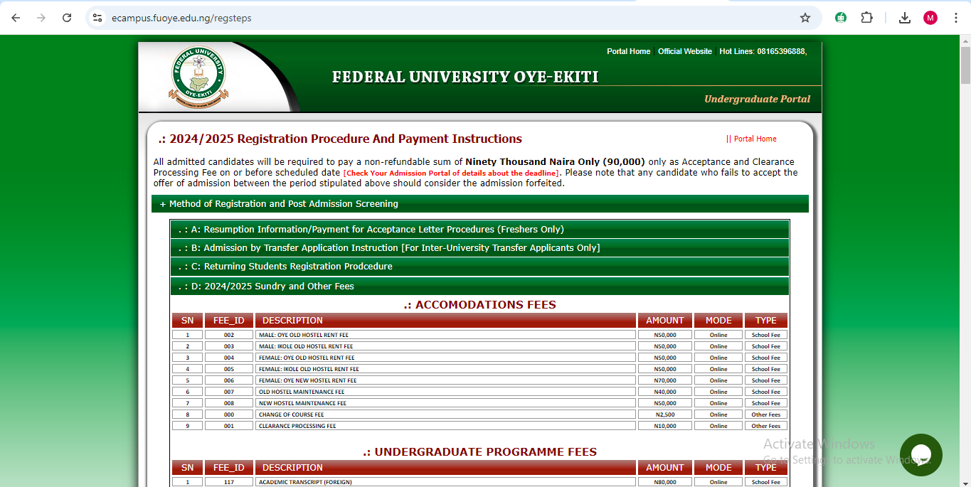 FUOYE Releases Sundry and Other Fees for 2024/2025 Academic Session