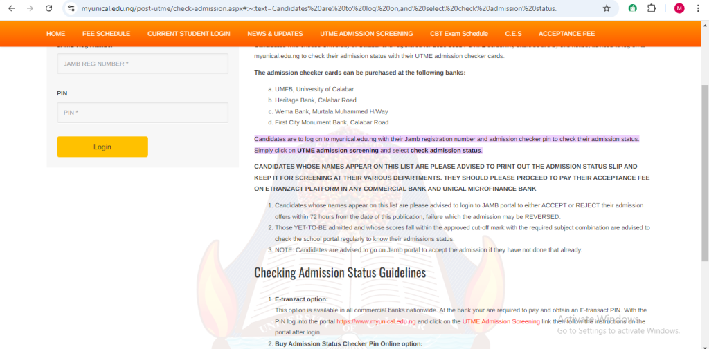 How To Check UNICAL Admission List On School Portal